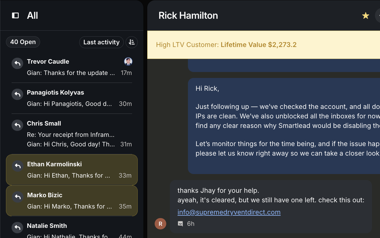 Spotlights app showing customer support interface with LTV indicators